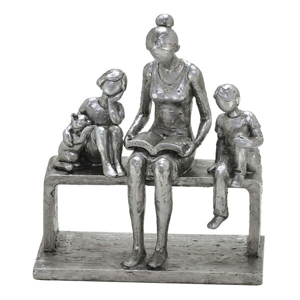 Escultura Mãe Lendo Com Filhos E Pet 20cm Silver Espressione