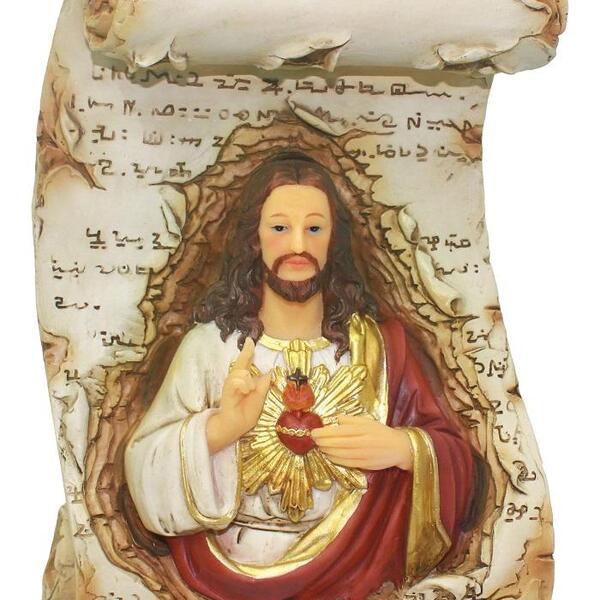 Escultura Sagrado Coração Jesus Pergaminho Decorativo Resina