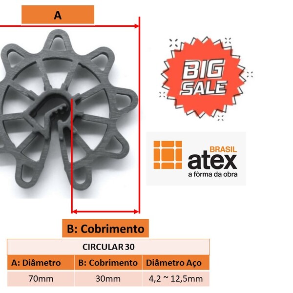 Espaçador Plástico Atex Circular - Cobrimento 3cm - Aço 12,5m