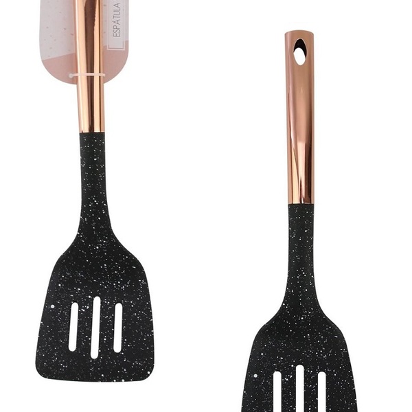 Espátula Vazada De Nylon Preto Com Cabo Inox Rose Gold 35x9 8