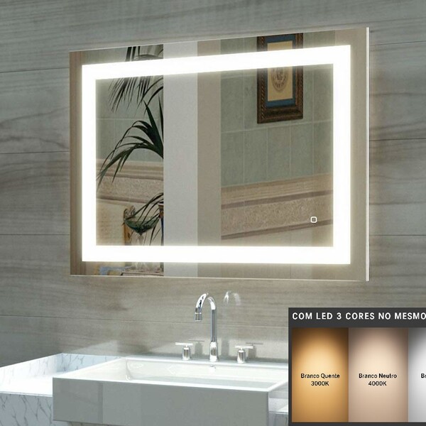 Espelho 4mm Retangular Luz Led 3 cores frio neutro quente 90X
