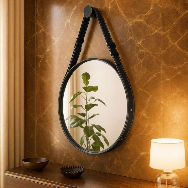 Espelho Adnet Fine Com Alça Em Couro 75x75 Preto/espelhado