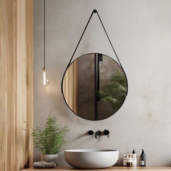 Espelho Adnet Redondo 50cm Com Alça E Suporte Para Sala Hall