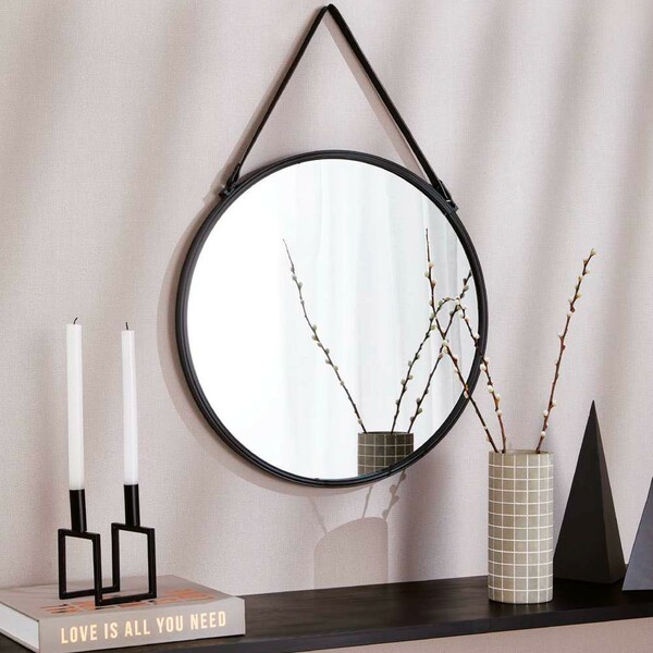 Espelho Adnet Redondo Preto Com Alça De Couro 57 5x36 Cm M02