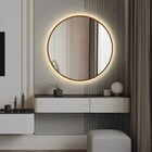 Espelho com LED Redondo Bivolt com Moldura de Couro Caramelo 60cm VB918 VB Cristais