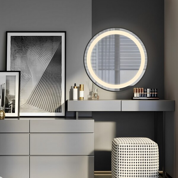 Espelho com LED Redondo Bivolt com Moldura de Couro Preto 60cm VB937 VB Cristais