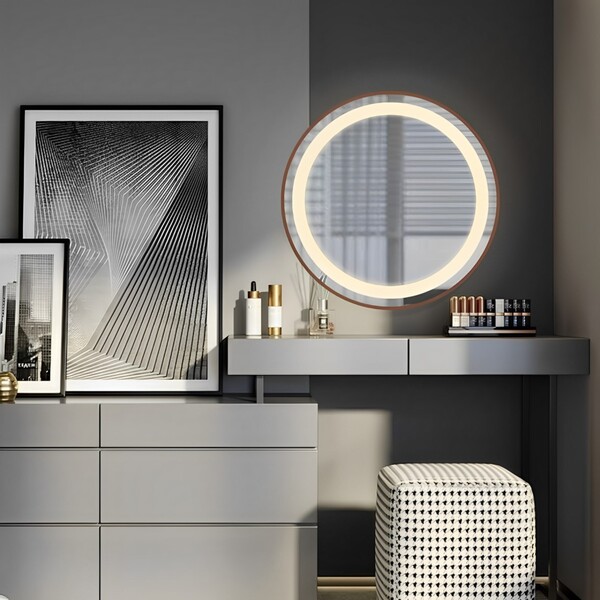 Espelho com LED Redondo Bivolt com Moldura de Couro Caramelo 80cm VB937 VB Cristais