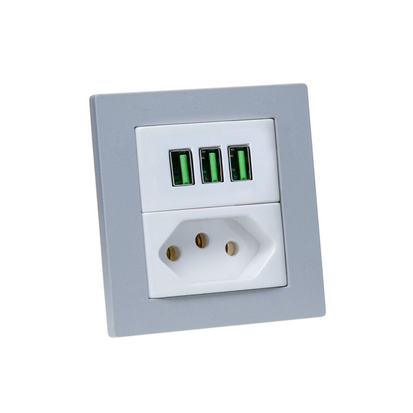 Espelho De Tomada Duplo Reto 1 Tomada 20a 3 Usb 5.2a Cinza