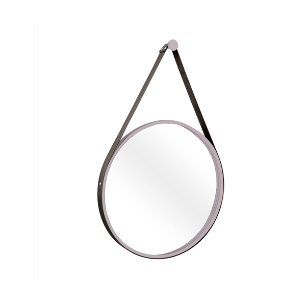 Espelho Decorativo Adnet Cinza Alça Corino Preto 20cm Redondo