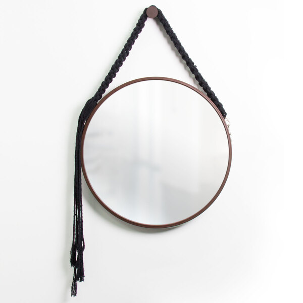 Espelho Decorativo Adnet Marrom Alça Macramê Preta 20 Cm Redo