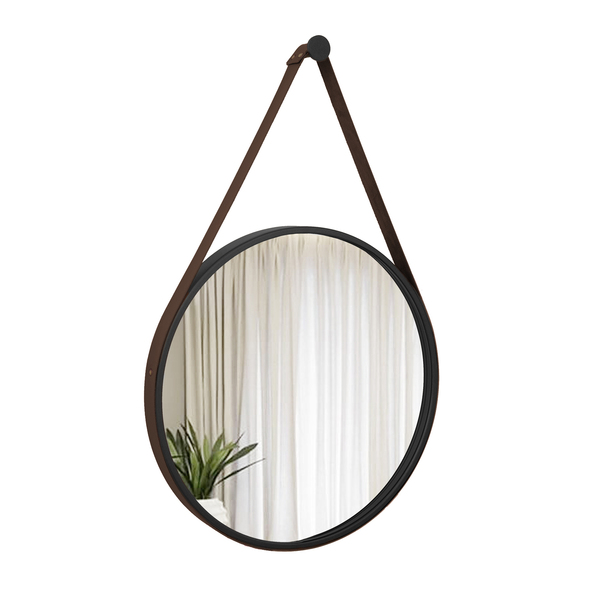 Espelho Decorativo Adnet Preto Alça Corino Café 60 Cm Redondo
