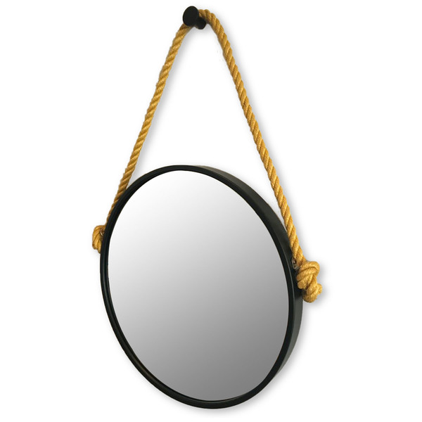 Espelho Decorativo Adnet Preto com Alça de Sisal Gold 70x50cm
