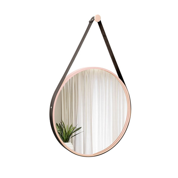 Espelho Decorativo Adnet Rosa Alça Corino Preta 60 Cm Redondo