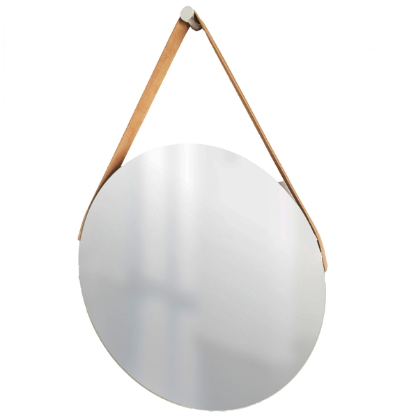 Espelho Decorativo Adnet Vintage Alça Corino Caramelo 50 Cm R