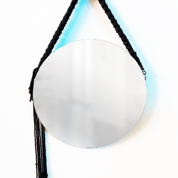 Espelho Decorativo Adnet Vintage Macramê Preto 60 Cm Redondo