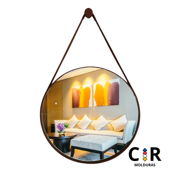 Espelho Decorativo Redondo C/ Alça 40cm C/ Couro Café
