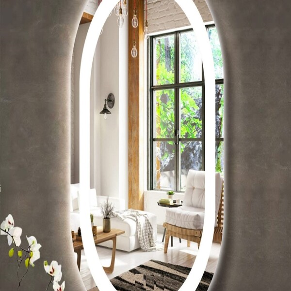 Espelho Jateado Oval Iluminado Com Led Frio - 60x150cm