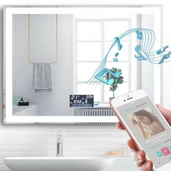 Espelho Led 3 cores 100x100  Visor Inteligente Toca Musica Bl