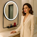 Espelho Led 60x60 redondo Moldura Preta Metalon Prateleira Lu