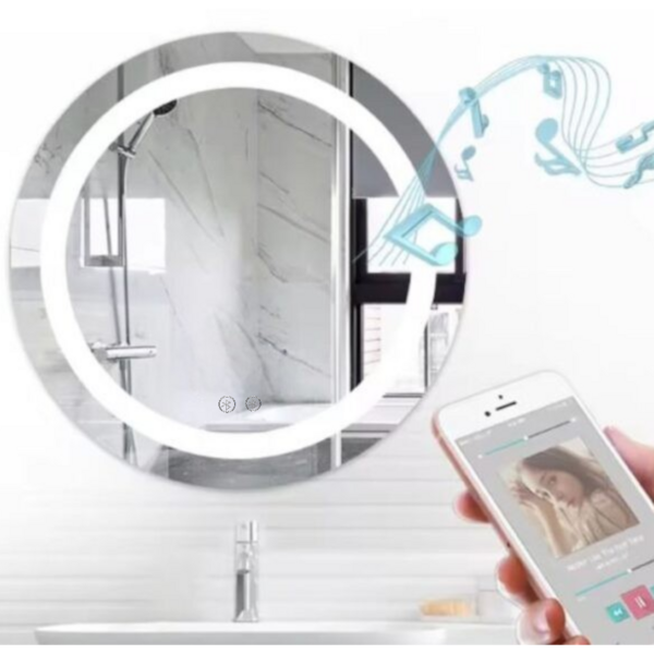 Espelho Led frio 60cm Redondo Com Bluetooth Banheiro caixas s