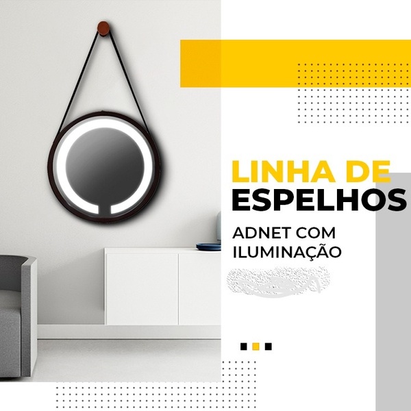 Espelho Led Frio Adnet 50cm Preto Alça De Couro Marrom