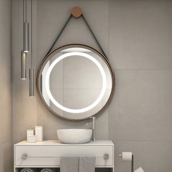 Espelho para Banheiro com LED Redondo com Moldura Bivolt Cobre e Alça em Couro 60 cm Dna Lustres