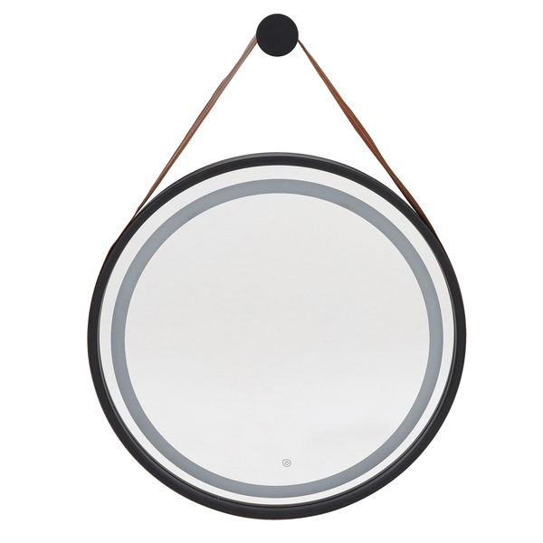 Espelho para Banheiro com LED Redondo Com Moldura Preta e Alça em Couro 100 cm Dna Lustres