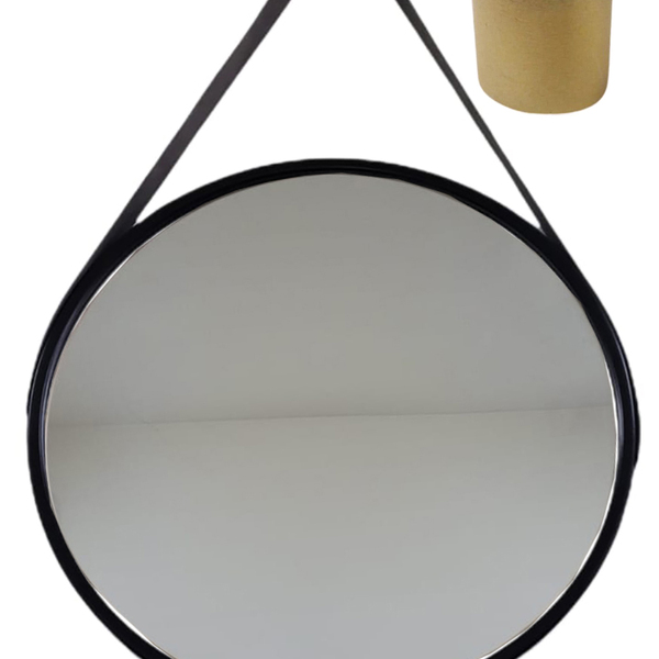 Espelho Redondo Com Alça De Couro Adnet 53 Cm E Pino - Preto