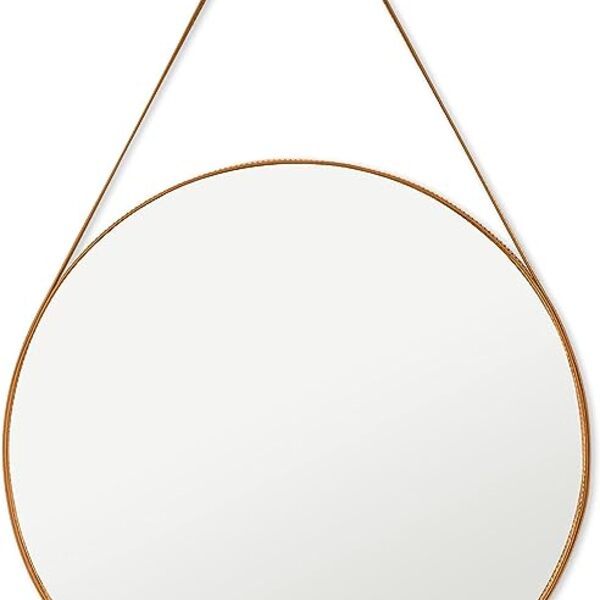 Espelho Redondo Com Alças Couro Ecológio 50 Cm Caramelo