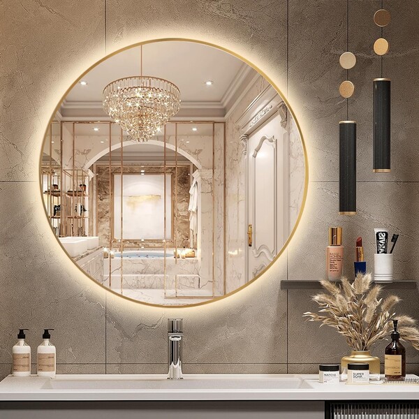 Espelho Redondo Com Moldura Dourada Iluminado Com Led Quente
