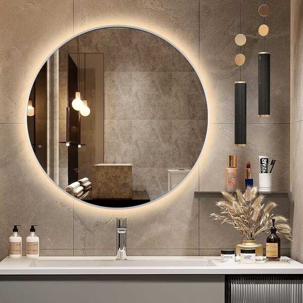 Espelho Redondo Com Moldura Prateada Iluminado Com Led Quente