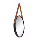 Espelho Redondo Decorativo Adnet Preto Com Alça Marrom 50 Cm