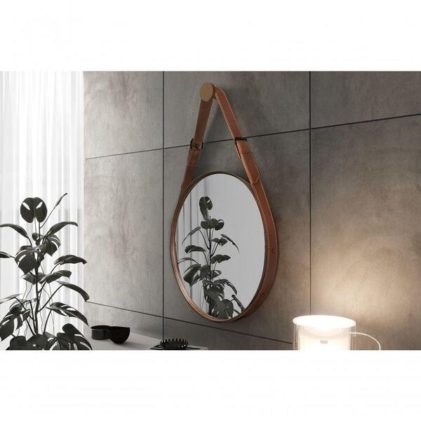 Espelho Redondo Decorativo Com Alça Em Couro 65cm Marrom