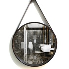 Espelho Redondo Decorativo Com Moldura Alça De Couro 50cm Café