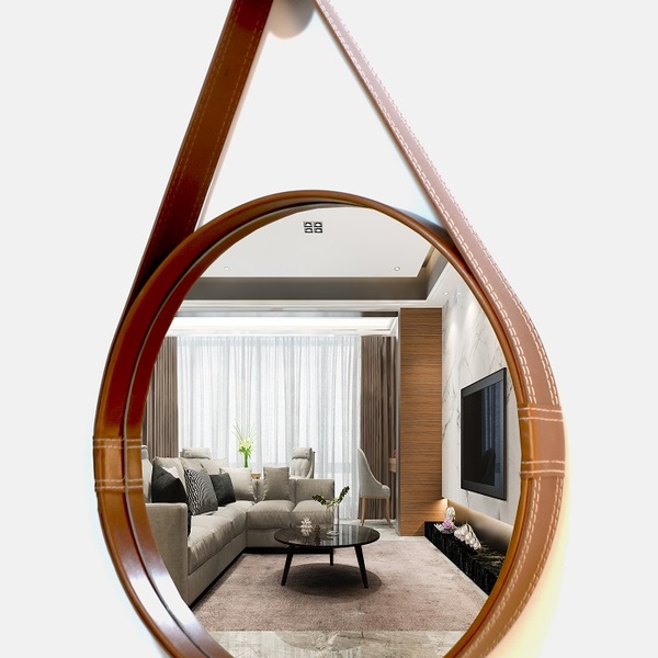 Espelho Redondo Decorativo Com Moldura Alça De Couro 50cm Car