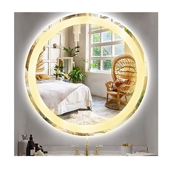 Espelho Redondo Jateado Iluminado Com Led Quente Frontal 70cm