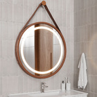 Espelho para Banheiro Redondo com LED Bivolt Moldura Cobre e Marrom 80cm Couro Dna Lustres