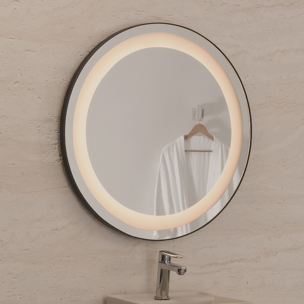 Espelho para Banheiro Redondo com LED Frontal Bivolt Moldura Preta 60cm Couro VB Cristais