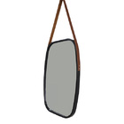 Espelho Retangular Com Alça De Couro Marrom - Preto  64,8 Cm