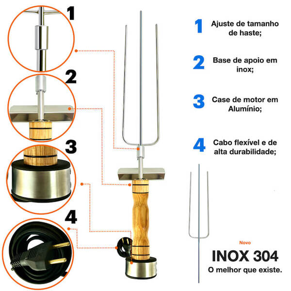 Espeto Giratório Elétrico  Premium Churrasco Inox 220v Eg010