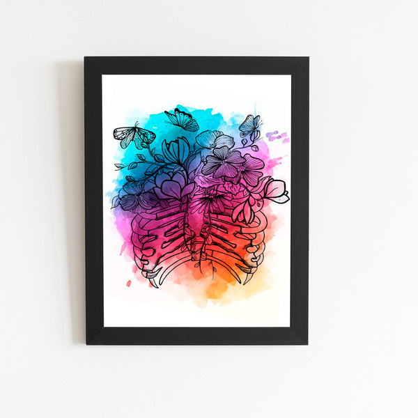 Esqueleto Colorido Flores Quadro Moldura Preta 60x40cm