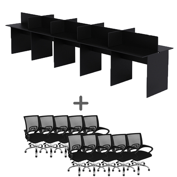 Estação De Trabalho 10 Lugares 450x120cm + 10 Cadeiras Wave P