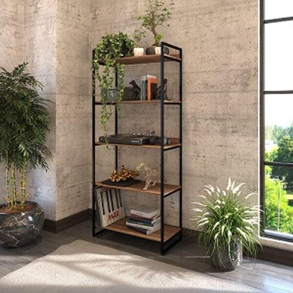 Estante Aço Preta Prateleiras Madeira Laminada Dourada