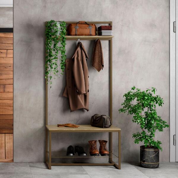 Estante Cabideiro Carraro Tubo Ouro Velho Com Banco Noce