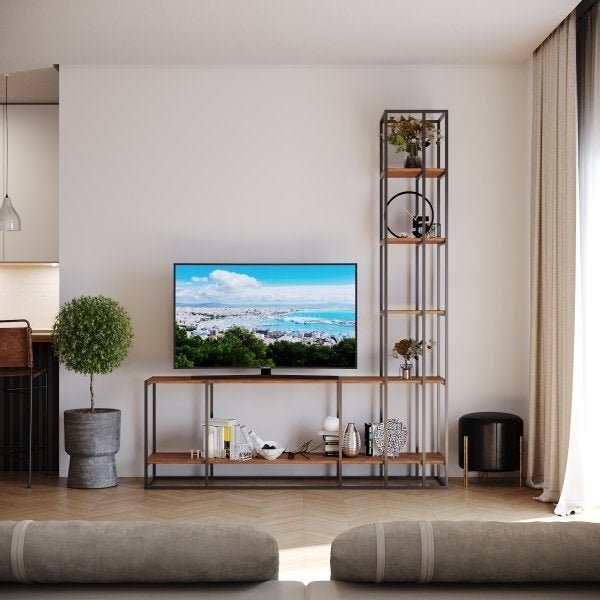 Estante De Madeira E Metalon Para Sala De Estar Waves - Cumar