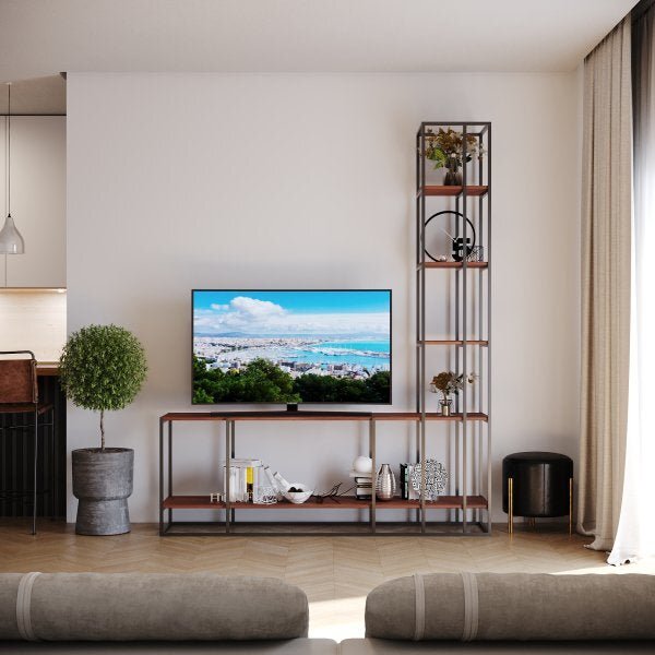 Estante De Madeira E Metalon Para Sala De Estar Waves - Steel