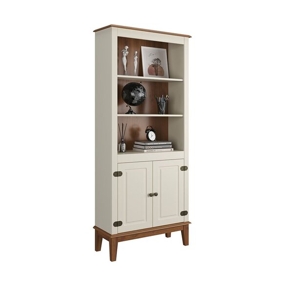 Estante De Madeira Maciça 2 Portas Off White - Fundo Amêndoa