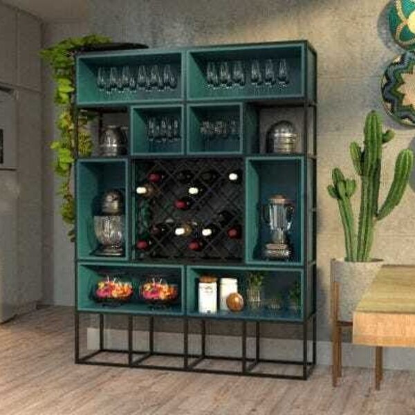 Estante De Metalon E Madeira Para Área Gourmet Rebusc Azul Se