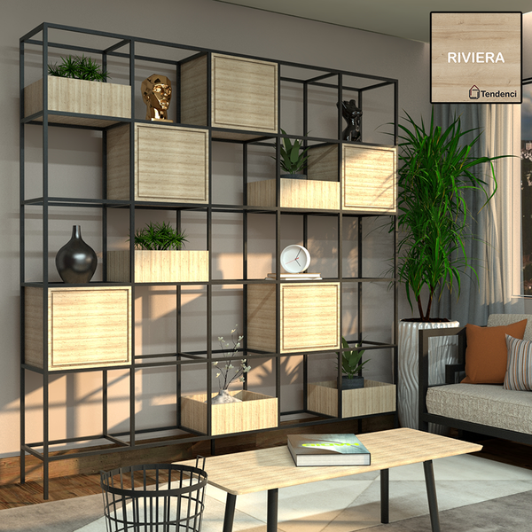 Estante De Metalon E Madeira Para Sala De Estar Concret - Riv