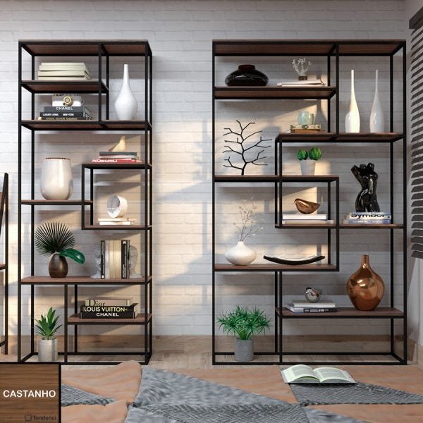 Estante De Metalon E Madeira Para Sala De Estar Duo Metalic -
